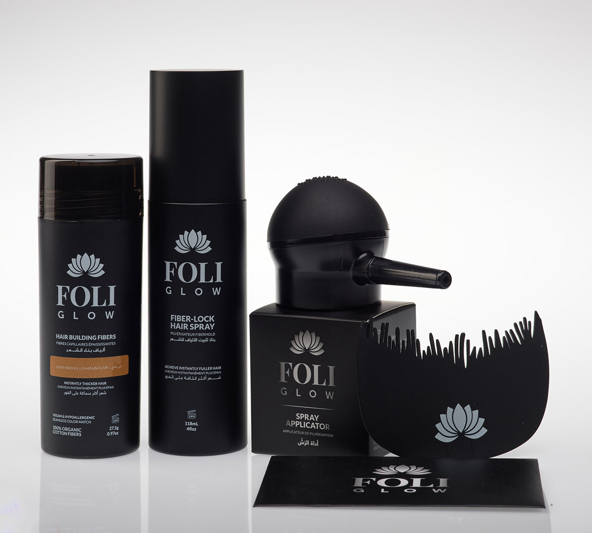 Foliglow Complete Hair Transformation Kit hair building fiber fiber lock hair spray applicator hairline optimizer light brown
