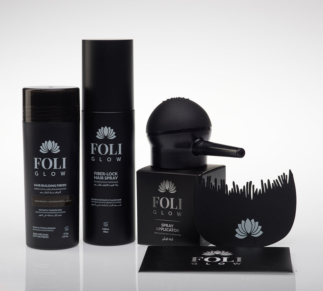 Foliglow Complete Hair Transformation Kit hair building fiber fiber lock hair spray applicator hairline optimizer dark brown